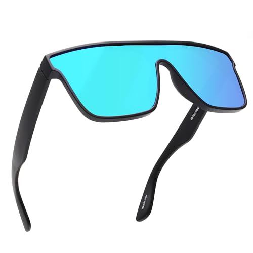 GLINDAR Återvunna polariserade solglasögon för män och kvinnor med UV400-skydd för vintage fyrkantig solnedgång, Matt svart ram/polariserande spegel blå linser