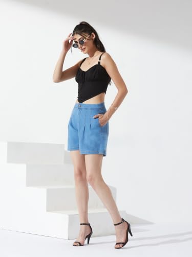 Image of Miss Chase Women's Relaxed Mid Rise Regular Non Stretchable Denim Shorts