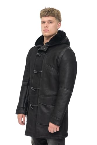 Infinity Leather Duffle Coat à Capuche en Cuir de Mouton Noir Pour Homme