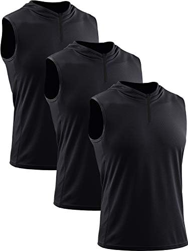 NELEUS Men's Running Tank Tops Sleeveless Athletic Workout Shirts with Hoods and Zipper,3 Pack,5099,Black/Black/Black,M