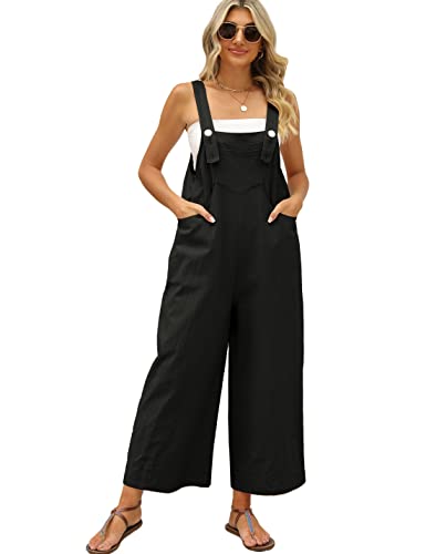 Daacee Womens Loose Linen Bib Overalls Comfy Sleeveless Adjustable Straps Wide Leg Jumpsuit With Pockets(0452-Black-M) #TOP7