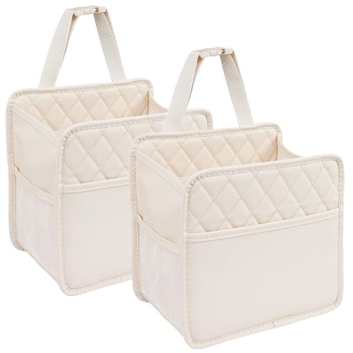 Image of LXUNYI Car Seat Organizer,2 Pack Waterproof Pu Leather Backseat Car Organizer and Storage Bag Foldable Universal Hanging Car Seat Back Organizers for Kids & Adults (Beige 2Pack)