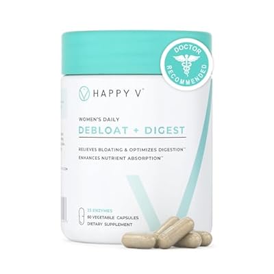 Happy V Debloat + Digest Digestive Enzymes for Women to Support Bloating, Gas, Constipation, Gut Health, and Nutrient Absorption Stomach Comfort & Digestion Support Supplement 60 Vegan Capsules
