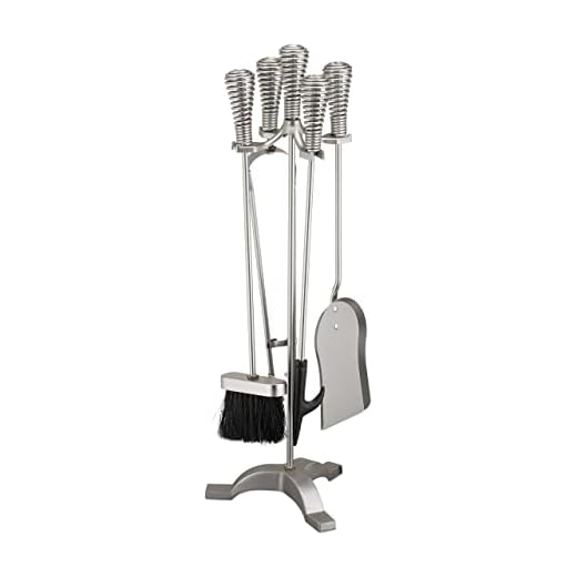Relaxdays Accesorios Chimenea, Set 5 Piezas, Atizador, Pala, Escoba, Pinzas y Soporte, Útiles de Estufa, Acero, Plateado, 100%, 64 x 22 x 20 cm