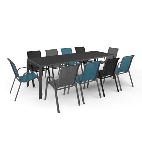 IDMarket - Salon de Jardin Madrid Table 240 CM et 10 chaises empilables Mix Color Bleu, Gris et Noir