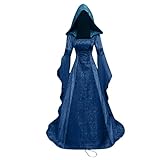 Women’s Gothic Witch Dress – Vintage Victorian Hooded Vampire Costume, Renaissance Sorceress Gown Halloween Cosplay Outfit (BlueB,5XL)