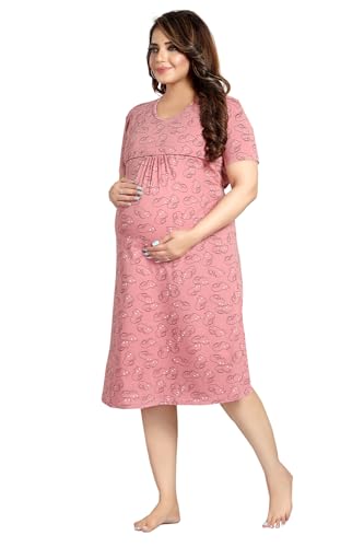 Image of Fabme Women's Above Knee Length Printed Pre and Post Pregnancy Pure Cotton Nursing Nightdress Nighty
