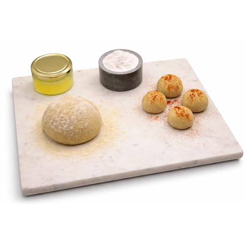 KC KULLICRAFT Marble Cheese and Pastry Board 16 x 12 Inch – Natural Carrara White Marble Cutting Board and Serving Tray for Dough, Bread, Pizza, Charcuterie – Heavy, Non-Slip, Gift-Ready.