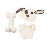 Newborn Photography Props Boys Girls Outfits Knit Baby Photo Props Puppy Dog Hat Shorts with Bone (Creamy White)