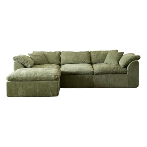 Image of Cloud Couch Sectional for Living Room, Modular L Shaped Boneless Sofa with Chaise, Compressed No Assembly Couch, Deep Seat Chenille Upholstered Convertible Sofa Bed (Green)