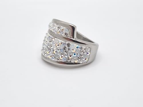 Breiter Edelstahl Ring Kristalle Crystal AB White Opal (SCR53)