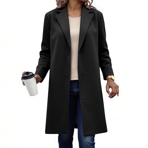 EMATOP Wollmantel Damen Winter Warm Trenchcoat Elegant Lang Blazer Jacke Langarm Einfarbig Wintermantel Baumwolle Revers Übergangsjacke Klassisch Business Windbreaker Mode...