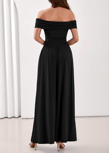 KIRUNDO Cocktail Dresses for Women 2026 Summer Off The Shoulder Ruched Pleated Long Flowy Formal Party Maxi Dresses Pockets(Black, Medium) — view 2