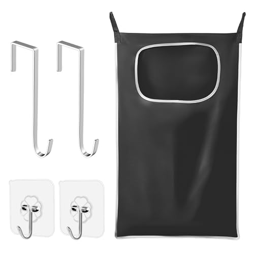 Hanging Laundry Hamper, Hanging Laundry Hamper with Stainless Steel Hooks and Adhesive Hooks, Space Saving Hanging Laundry Hamper Bag and Bathroom Over The Door Hamper(80 x 49 CM) (Black)