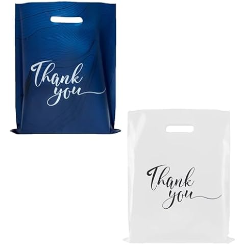 Rainbows & Lilies 100 Thank You Plastic Bags with Handles 2-Set Bundle - 12x15 in Reusable Bulk Merchandise Shopping Bags for Small Business, Retail, Boutique, Gifts, Clothes & Goodie Party Favors Cover