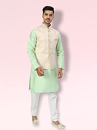 Image of Uri and MacKenzie Men's Silk Blend Regular Kurta Churidar Pyjama with Bundi Nehru Jacket /Waistcoat