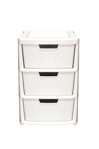 Large Rattan 3 Drawer Storage Unit - Plastic Tower Drawers For Bedroom, Bathroom, Office & Home Organisation (Cream)