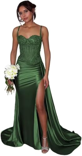 Spaghetti Straps Satin Prom Dresses with Slit 2025 Lace Appliques Long Mermaid Evening Gowns