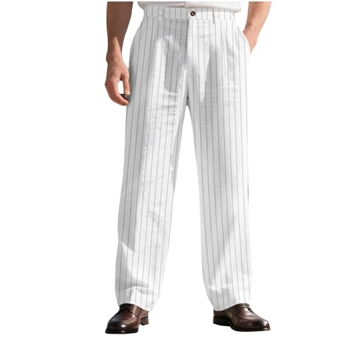 Mens Linen Striped Casual Business Pants Button Zipper High Waist Beach Pants Lightweight Breathable Office Trousers
