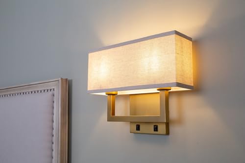 Image of Yosoan Linen Fabric Boho Wall Sconce Bedside Light with On Off Switch, 2-Light Brass Finished Hardwired Vintage Industrial Dual Wall Mount Lamp Square Shade for Bedroom Living Room Stairwell(Antique)
