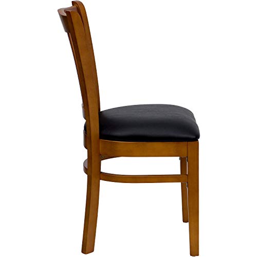 Image of Flash Furniture 4 Pk. HERCULES Series Vertical Slat Back Cherry Wood Restaurant Chair - Black Vinyl Seat | Vertical Slat Back, Wood FrameVinyl Upholstery, Durable Construction, Commercial Use
