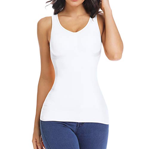 Compression Tank Top with Built in Bra Women Tummy Control Shapewear Tank Top Slimming Cami Shaper (White, XX-Large)