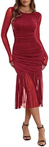 Pink Queen Women's 2026 Long Sleeve Bodycon Dress Mesh Slim Ruched Maxi Dresses Party Cocktail