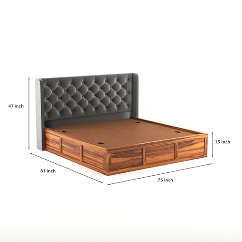 Image of Solid Sheesham Wood King Size Bed with Storage | Wooden Double Bed Cot Bed with Box Storage & Velvet Upholstered Cushioned Headboard for Bedroom (Honey C, King)
