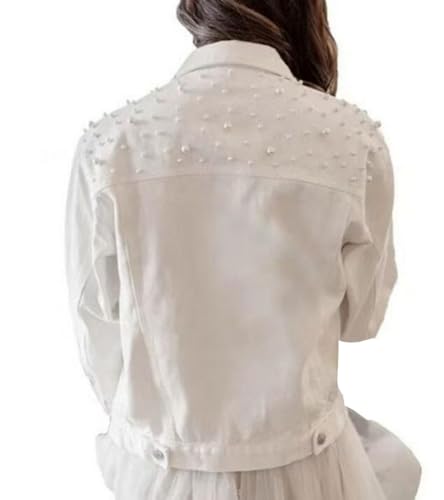 Womens Solid Color Long Sleeve Denim Jacket Pearls Beading Jean Jacket Coat 5