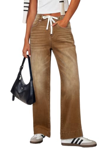Image of Sidefeel Women's High Waisted Straight Leg Jeans Drawstring Denim Pants