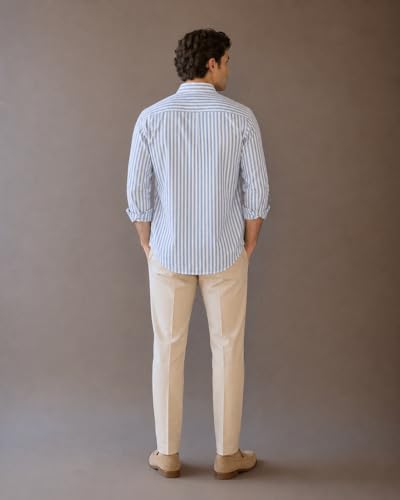 Image of Men Blue Striped Linen Cotton Shirt | Casual Slim Fit Button Down Shirt for Mens | Breathable Summer Wear | Full Sleeve Stylish Shirts for Men