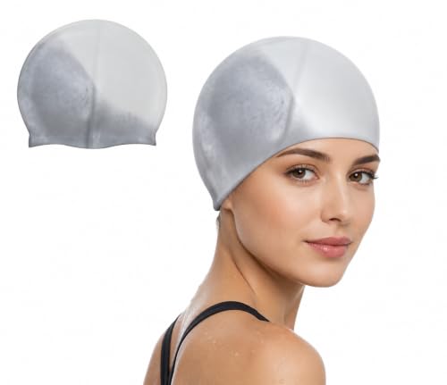 Image of MAJIK Silicone Swimming Cap for Men, Women and Kids Waterproof Swim Cap with Easy Fit Swimming Accessories (White-Grey Multi)