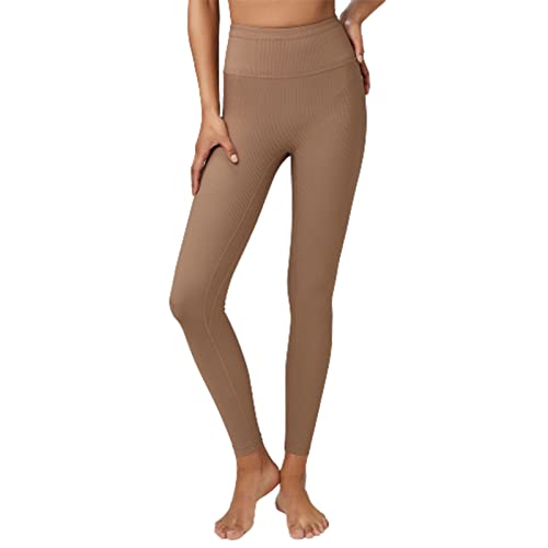 WEALTHY73 Women's Textured Threaded High Waist Yoga Pants Sports Running Tight Cropped Pants Fitness Widening Trousers Soft Perspiration Slim,Brown,XL(Length95CM)