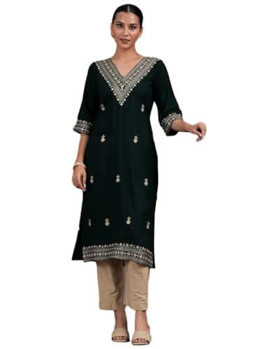 Image of Libas Womens Embroidered Viscose Straight Kurta for Women | Ethnic wear | Bridal Suit | Wedding Dress | Occasion wear