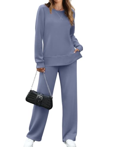 Image of OFEEFAN Women's 2 Piece Lounge Set Travel Airport Outfits Side Slit Tracksuit Wide Leg Loungewear Baggy Comfy Sweatsuit S-3XL