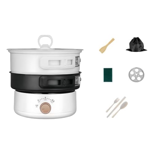 Amecke 110V 旅行便携式折りたたみ電煮鍋、ステンレス製ライナーと多機能設計、折りたたみ式電気炊飯器、多機能 ステンレス製ライナー、出張や車中泊に最適、一人暮らしとオフィスにおすすめ、多機能出張用ポータブル折りたたみ電気シチュー鍋、 (ホワイト)
