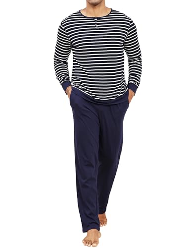 Men's Pajama Set 100% Cotton Mens Pjs Sets Long Sleeve Stripped Top and Pants Sleepwear Lightweight Soft Loungewear