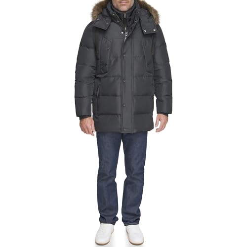 Image of Andrew Marc Men's Gattica Down Parka Jacket With Removable Faux Fur Trimmed Hood and Bib