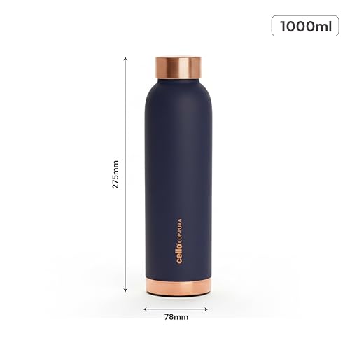 Image of CELLO Evita Copper Water Bottle For Daily & Office Use 1000 ml, Blue | Leakproof & Rustproof ISI Certified Single Wall 100% Pure Copper Promotes Immunity, Improve Digestion & Supports Healthy Living
