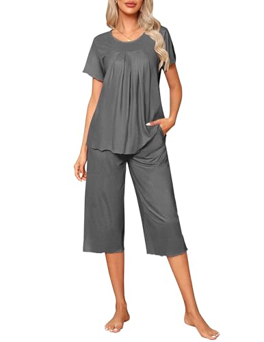 Image of Ekouaer Pajama Set for Women 2 Piece Capri Pants Short Sleeve Top Sleepwear Soft Pjs Loungewear with Pockets S-3XL