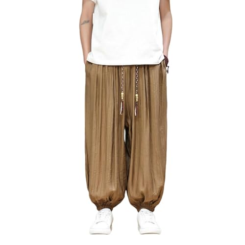 Men's Summer Chinese Style Lightweight Ice Silk Loose Jogger Harem Casual Lantern Pants