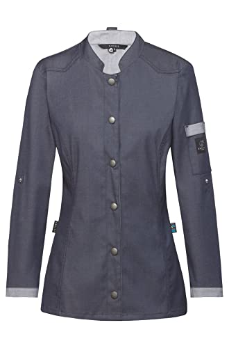GREIFF Damen Kochjacke Im Bikerstyle Bäckerjacke Regular Fit Langarm mit Druckknopfverschluss - Farbe: Denimoptik Marine Gr: XL