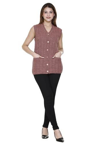 Image of aarbee Self Design Sleeveless V Neck Woollen Cardigan for Women with Front Pockets