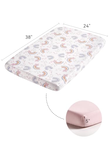 Image of TILLYOU Mini Crib Fitted Sheets - Soft Knit Sheet for Pack N Play, Microfiber Mini Crib Sheets, 38 x 24 Playpen Bedding Sheet for Baby 2 Pack, Machine Washable, Rainbow Star