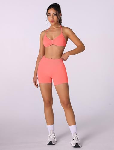 Image of ABOCIW Womens Seamless Workout Sets 2 Piece Strappy Halter Sports Bra Scrunch Butt Shorts Gym Yoga Outfits