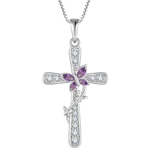 Butterfly Cross Necklace for Women, 925 Sterling Silver Birthstone Cross Pendant Necklaces, Religious Jewelry Gift for Christmas/Birthday/Baptism