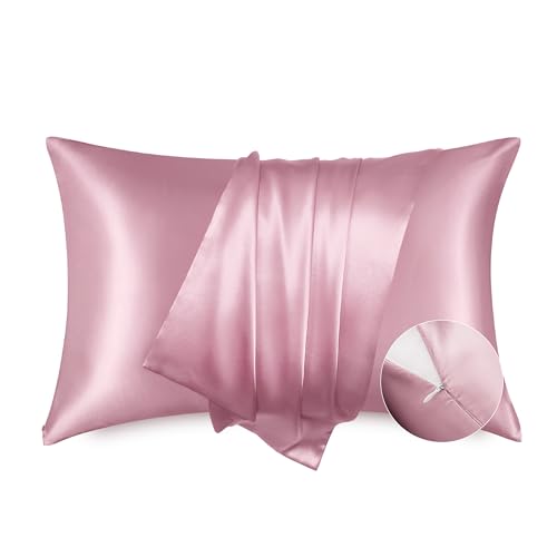 Image of Bedsure Satin Pillowcase for Hair - Pink Satin Pillow Cases Standard Size with Zipper 2 Pack, Similar to Silk Pillow Cases for Skin, Silky & Soft Pillow Cover, Gifts for Her or Him, 20x26 Inches