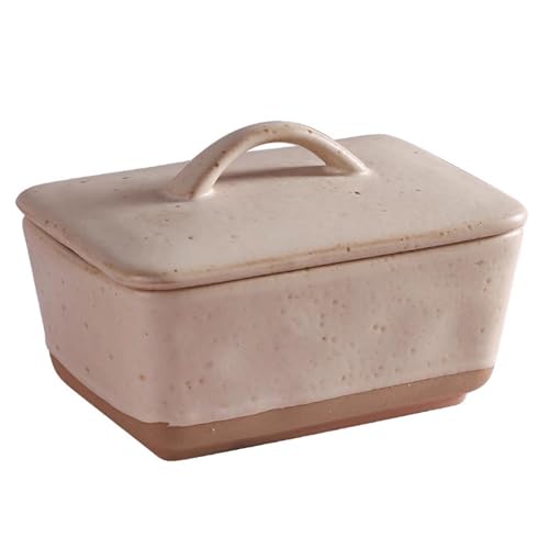 Contenedor Caja de mantequilla de cerámica medieval vintage con bandeja de cubierta Caja de mantequilla cuadrada Caja de mantequilla Caja de almacenamiento de dim sum para encimera(Milk white)