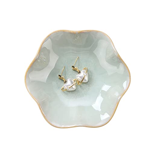 Image of 2PCS Ring Holder Dish, Small Key Bowl, Ceramic Trinket Tray Jewelry Dish Organizing Necklace Earrings for Mom Friend Sister, All Jewelries Are NOT Included. Light Green+Crystal Green.
