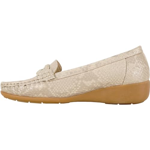 Image of KOZI Women Comfort Casual Wedge Shoe Slip-On Loafer ML Collection Round Toe Penny Loafer Removable Insole Black Champagne